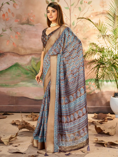 Marvelous Brown Printed Dola Silk Office Wear Saree With Blouse